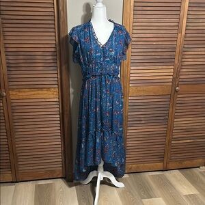 Taylor Blue Asymmetrical Ruffled Maxi Dress